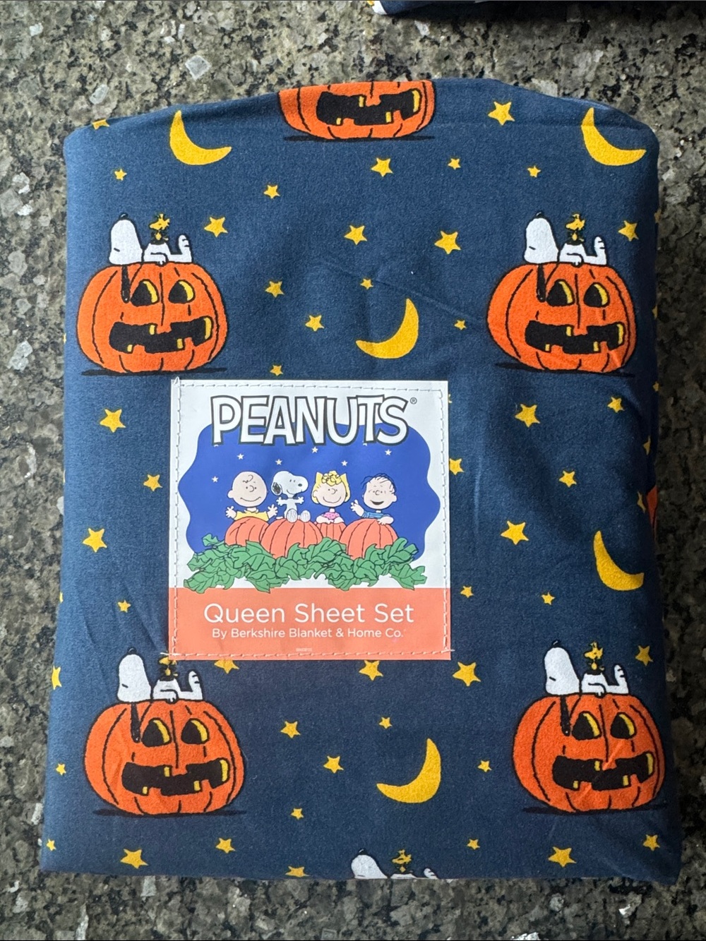 Peanuts Snoopy 4 piece Queen Sheet Set in Navy ,Pumpkin & Yellow Moon star print